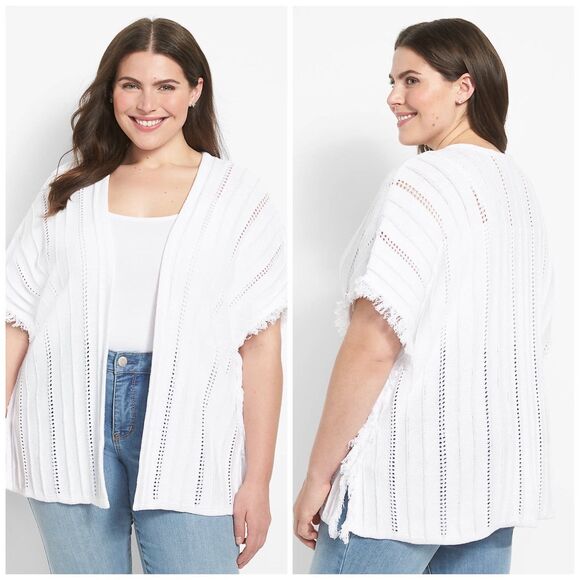 Lane Bryant Sweaters - Lane Bryant Classic Short-Sleeve Open-Front Fringe Poncho size 14/20 NWTs